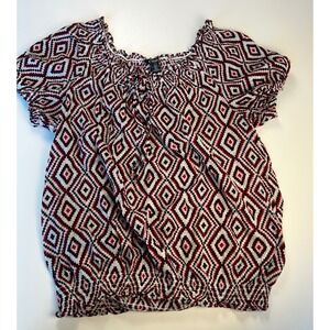Chaps‎ Denim Top Womens L Red Black White Diamond Print Aztec SS Blouse Sz L